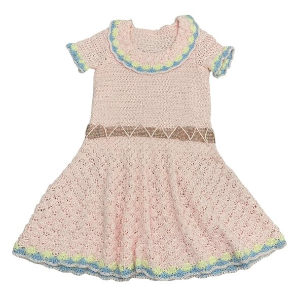 Vintage Handmade Crochet women Barbie style Dress With Scallop Trim Zigzag Belt - Picture 4 of 16